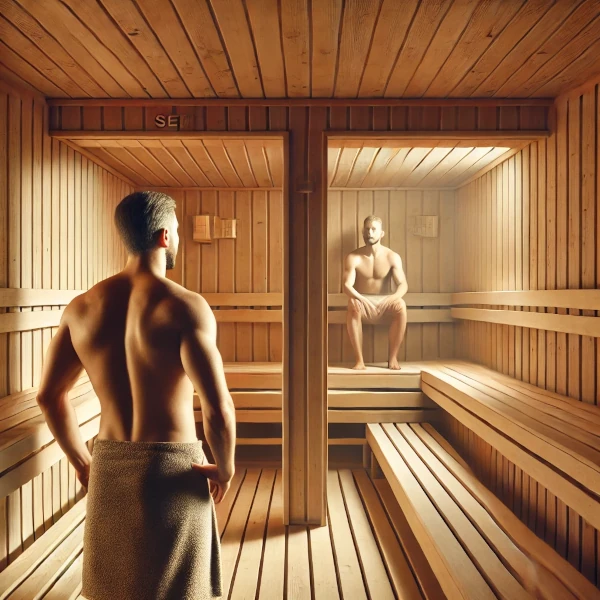 man standing inside a traditional Finnish sauna, facing two wooden benches, one higher and one lower. He is deciding on